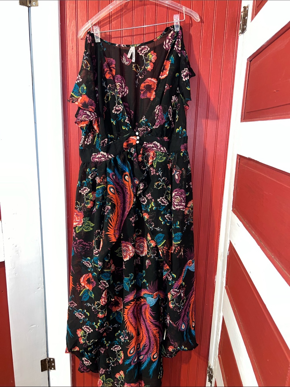 Truth Black Floral Maxi Duster Kimono Cover-up, 3 Button At Waist, Sheer 1X